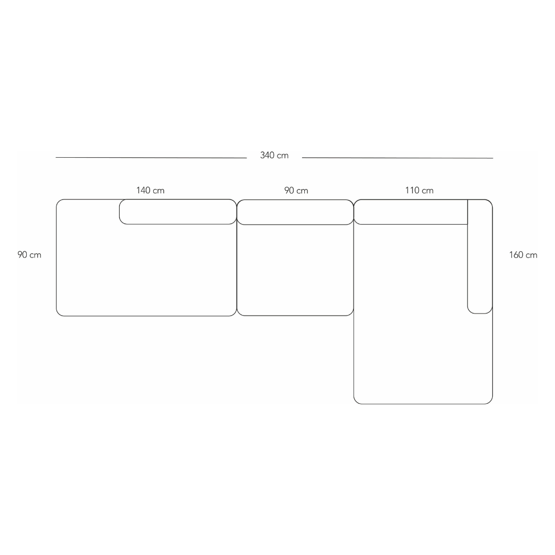 BASECAMP XL Open End - høyre chaiselounge, 3 moduler, 160x340cm